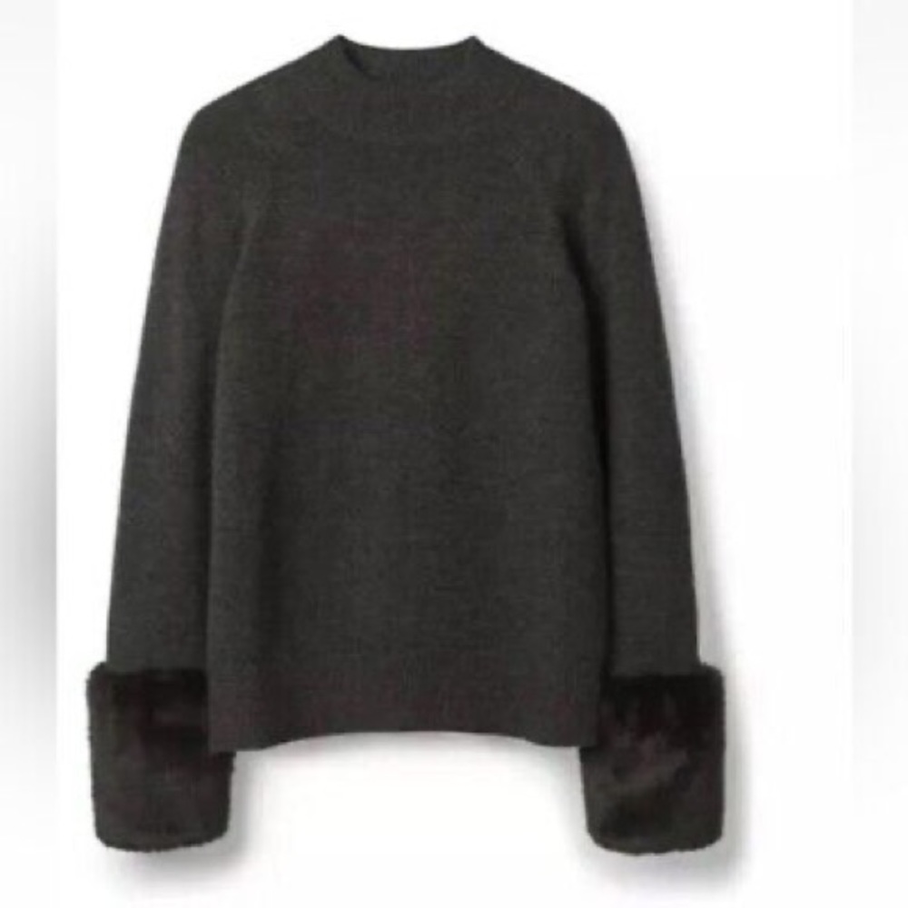 Boden Womens Benedicta Sweater Gray Melange Knit Faux Fur Cuffs Cashmere L